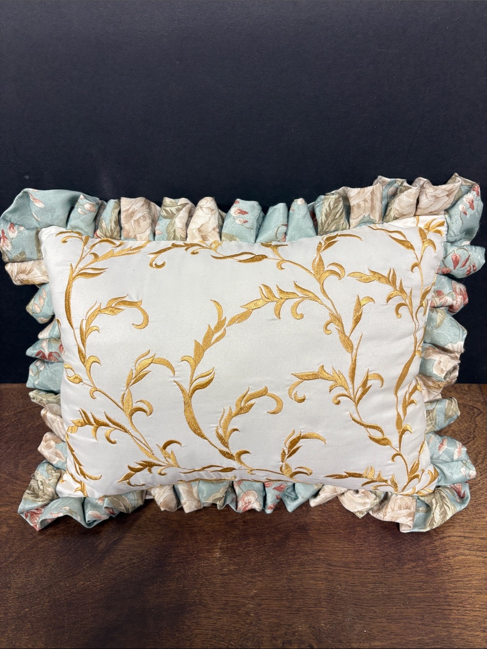 Decorative Ruffled Throw Pillow with Gold Vine Embroidery - White/Blue